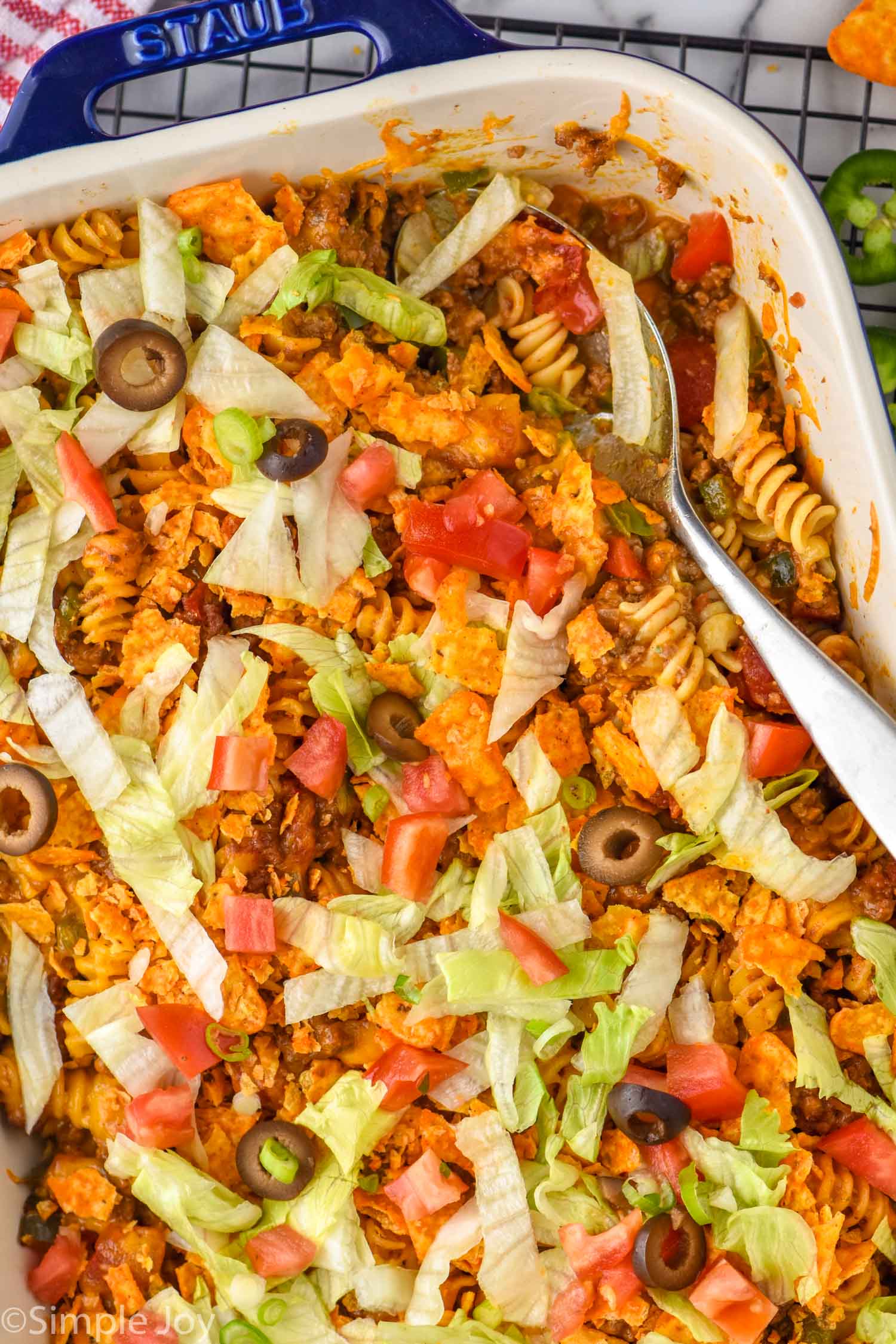 overhead of a casserole full of taco casserole bake