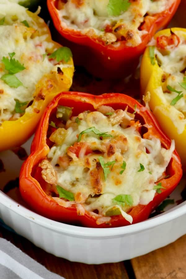 Overhead photo of the White Chicken Chili Stuffed Peppers with a melted cheese crust. 