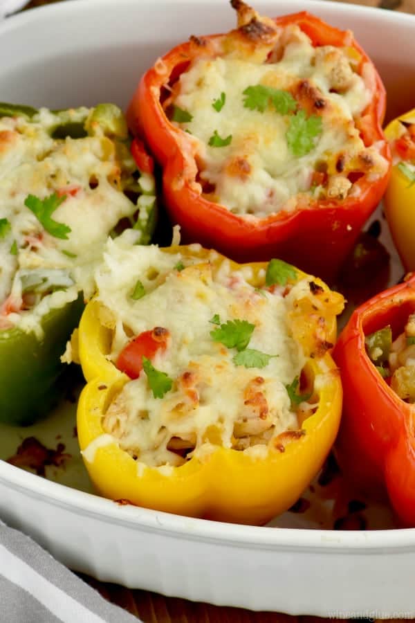 In different colored peppers, the White Chicken Chili Stuffed Peppers have a melted cheese crust. 