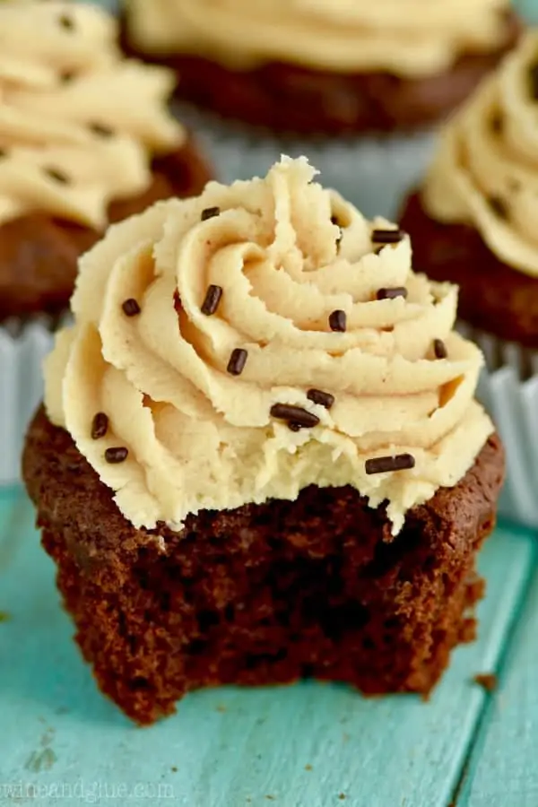 With a small bite, the Chocolate Peanut Butter Brownie Cupcakes are topped with a Peanut Butter Frosting with chocolate sprinkles