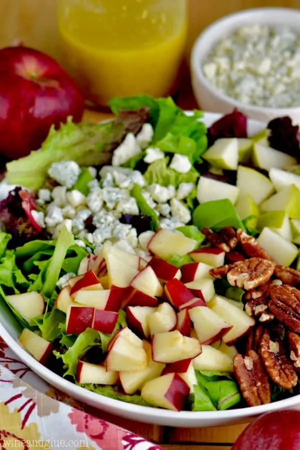 The Apple Pecan Fall Salad with red and green apple slices (sliced into little triangles), pecans, and blue cheese. 