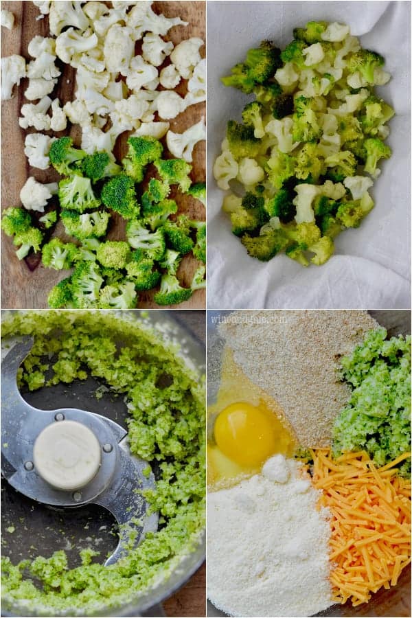 A collage on how to make the Broccoli Cheddar Cauliflower Tator Tot. The Cauliflower and Broccoli cut, then steamed, then chopped up in a food processes. 