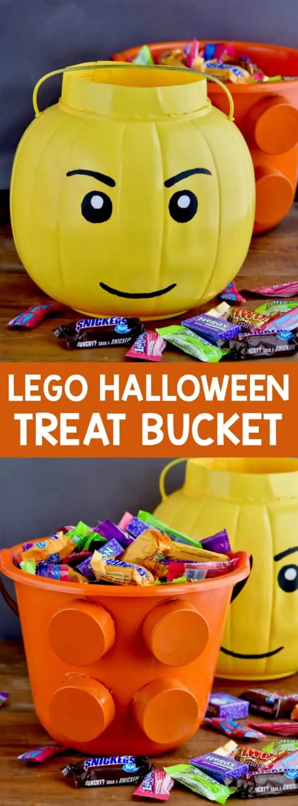 Two Halloween Treat Buckets: one shaped as a lego man head and the other into a lego piece.