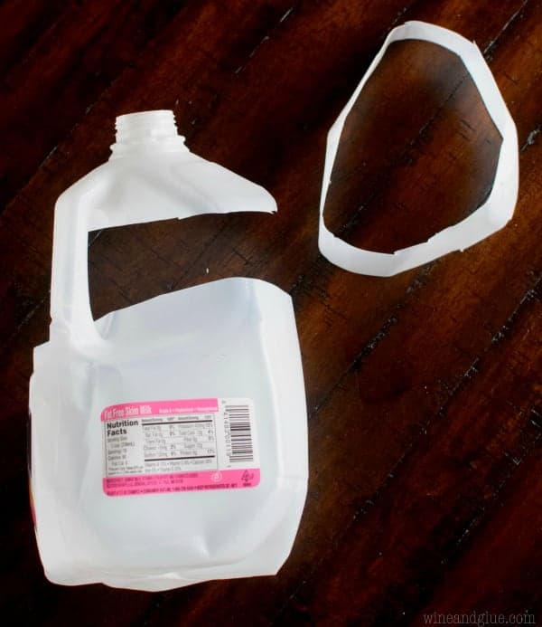 A band (about two inches wide) cut around the milk jug around the handle – not cutting the handle