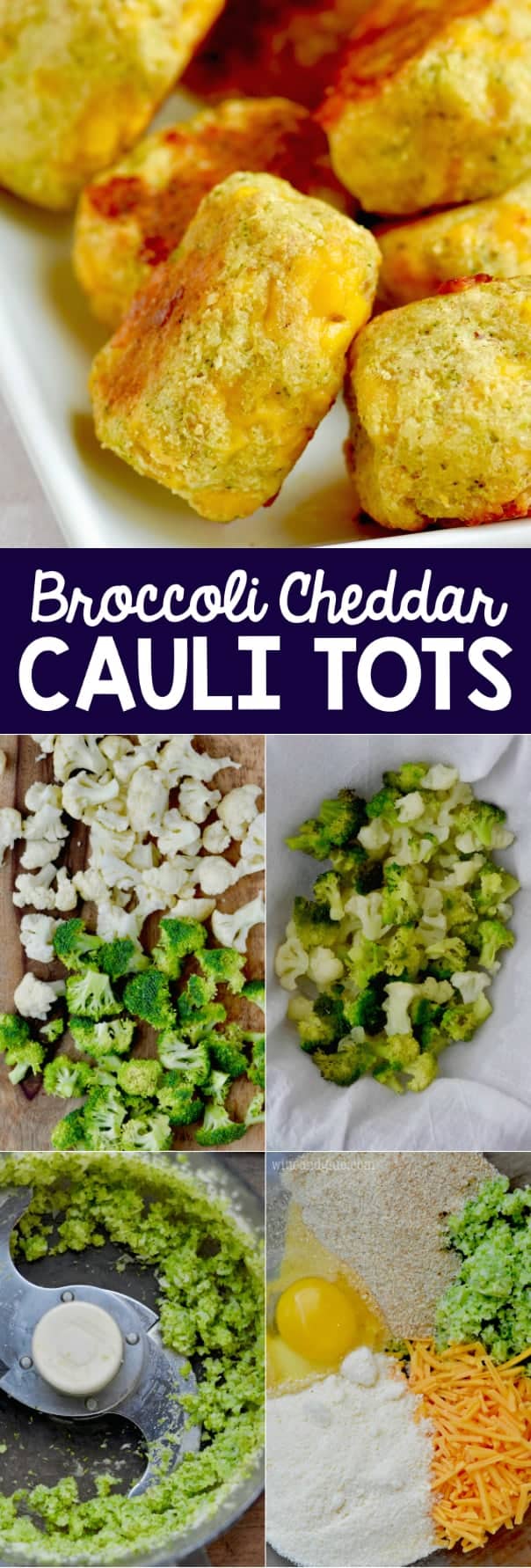 A collage of photos on how to make the Broccoli Cheddar Cauliflower Tator Tot by steaming then chopping the broccoli and cauliflower. 