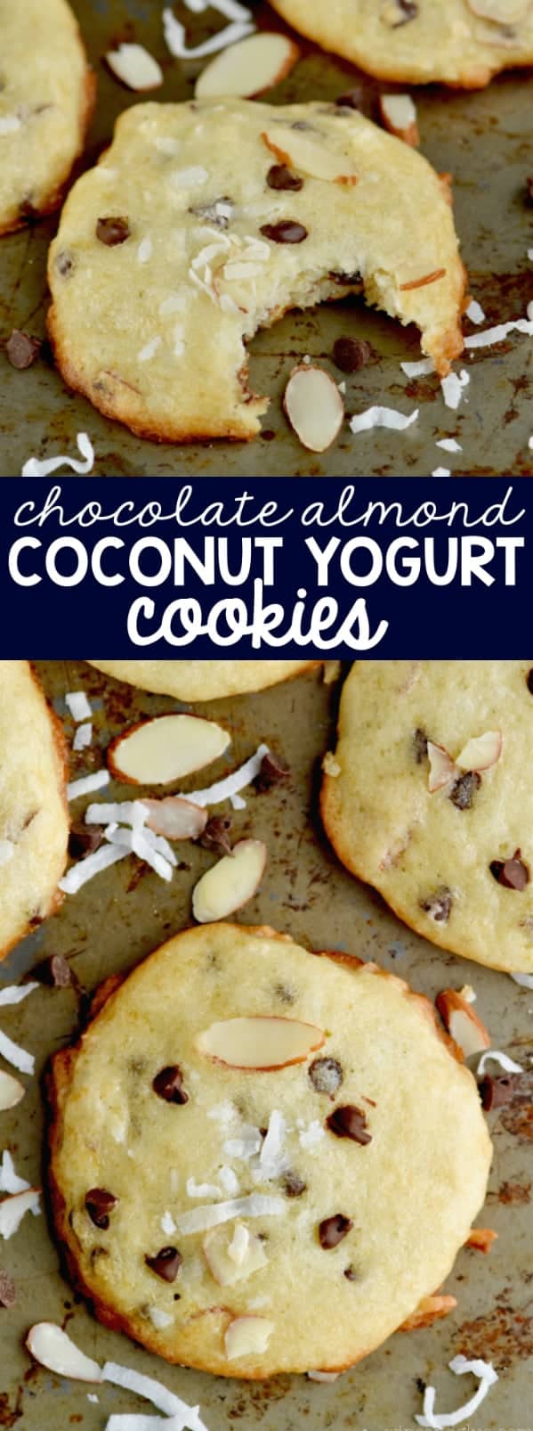 A photo of the Chocolate Almond Coconut Yogurt Cookies that have a golden brown color. 
