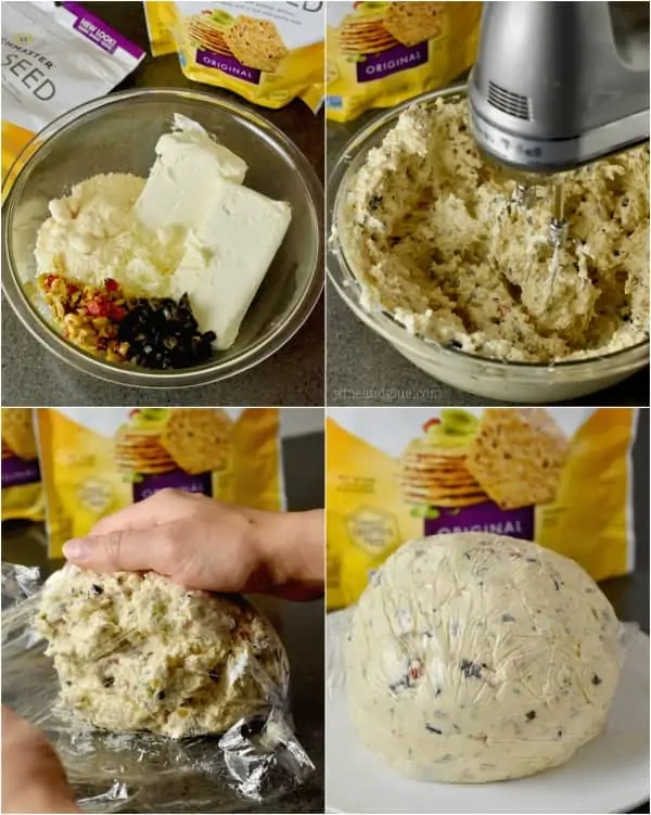 Collage of four photos on the creation of the Olive Cheeseball (a stand mixer combines the ingredients then the clump of cheese is formed using seran wrap. 