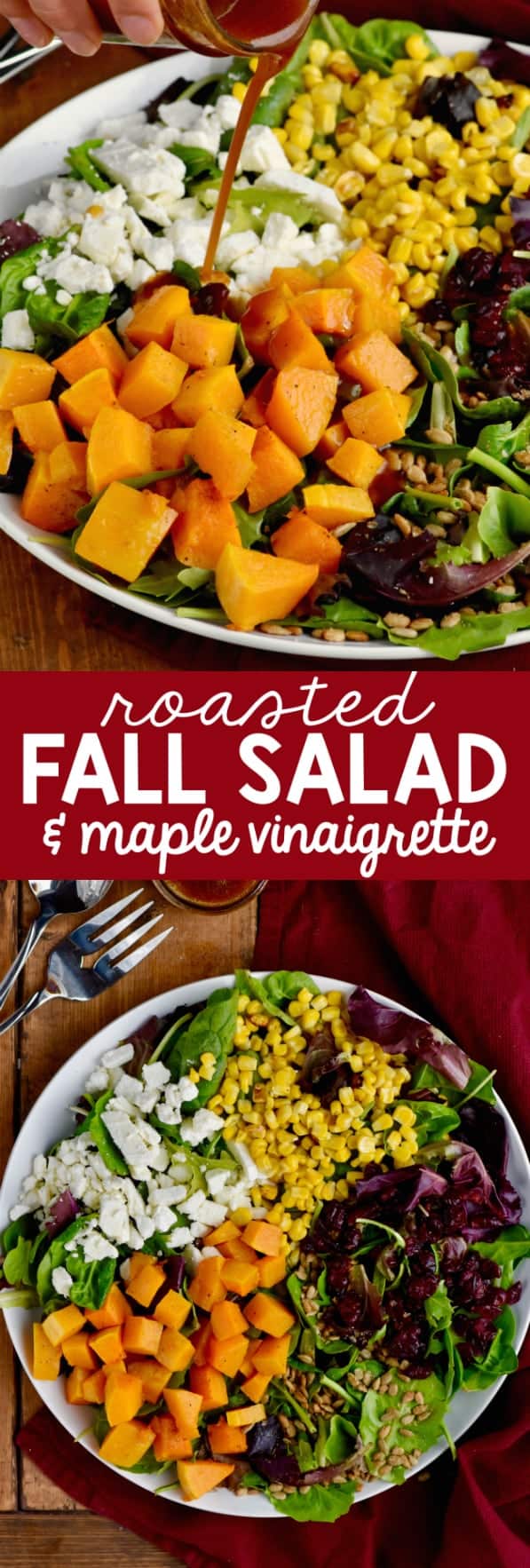 On a white plate, the Roasted Fall Salad with beautiful colors from cranberries, feta cheese, corn, greens, and butternut squash has the Maple Vinaigrette Dressing being poured on top. 