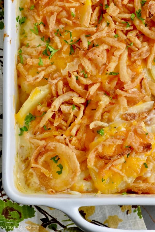 An overhead photo of the The Best Scalloped Potatoes that has a golden brown color and topped with French's Crispy Fried Onions. 