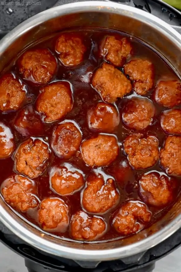 An overhead photo of the Honey BBQ Instant Pot Cocktail Meatballs in a crockpot