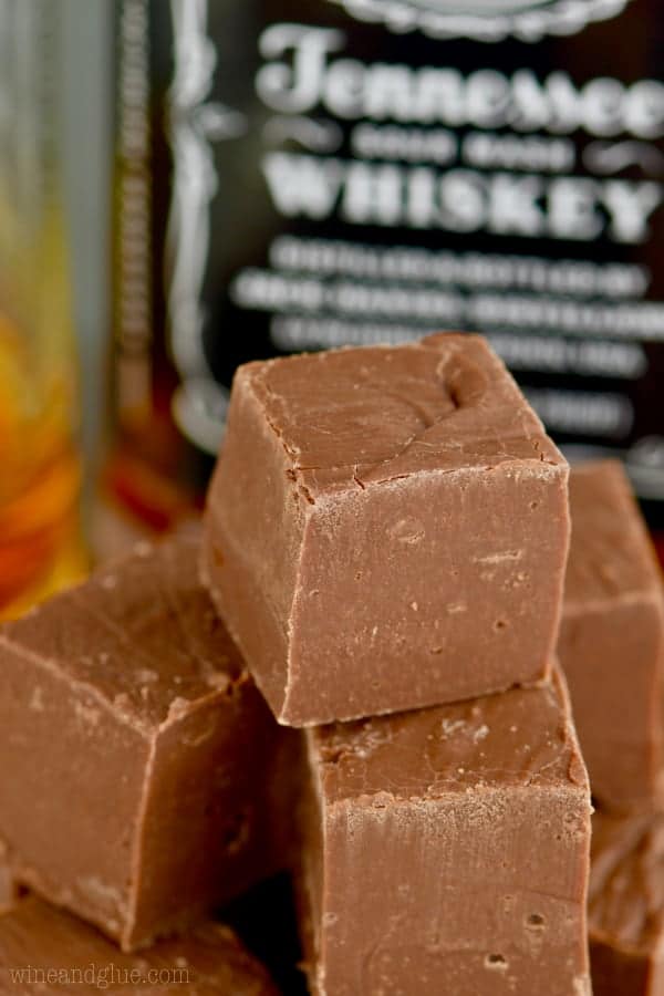 A close up photo of the Jack Daniel's Whiskey Fudge that is shaped as a cube. 