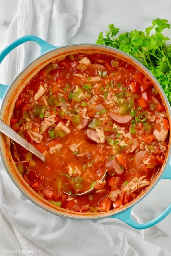 Overhead photo of the Jambalaya Soup that is packed with meat, vegetables, and rice. 