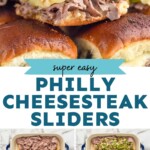 Pinterest graphic for Philly Cheesesteak Sliders recipe. Top image is side view of Philly Cheesesteak Sliders. Bottom four images show overhead views of different layers of ingredients in baking dish for Philly Cheesesteak Sliders recipe. Text says, "super easy Philly Cheesesteak Sliders simplejoy.com"