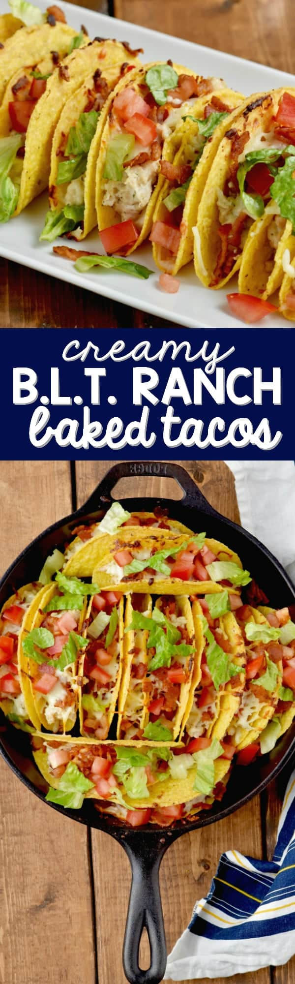A collage of two photos showing how to serve the Creamy BLT Ranch Baked Tacos in a skillet or on a white dish plate. 