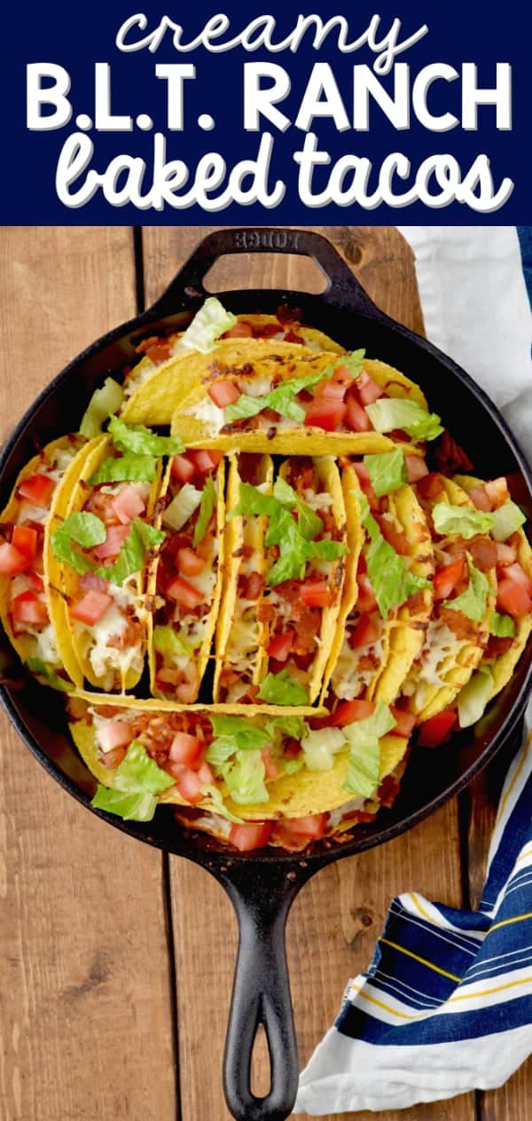 An overhead photo of the BLT Oven Bake Tacos stuffed into a skillet and topped with diced tomatoes and lettuce. 