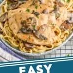 pinterest graphic of a platter of easy chicken marsala on a bed of fettuccine noodles