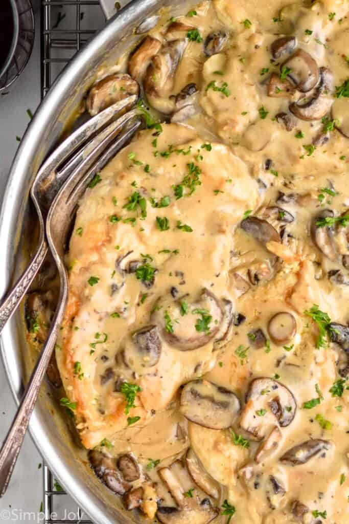 close up of a piece of chicken marsala recipe in a pan 