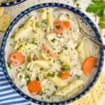 overhead view of a bowl of creamy chicken noodle soup garnished with fresh parsley