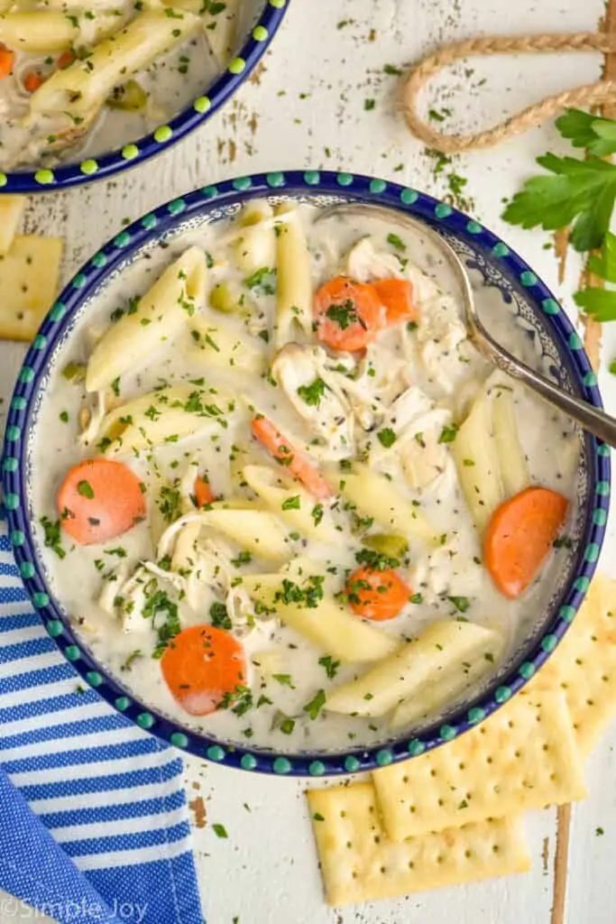 overhead view of a bowl of creamy chicken noodle soup garnished with fresh parsley
