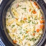 overhead view of a slow cooker full of creamy crockpot chicken noodle soup