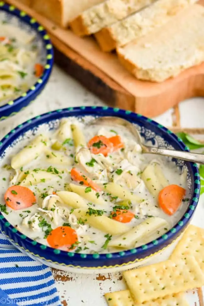 side view of crockpot creamy chicken noodle soup in a bowl