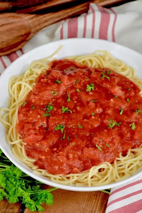 In a white plate is some spaghetti topped with the Easy Homemade Spaghetti sauce and parsley. 