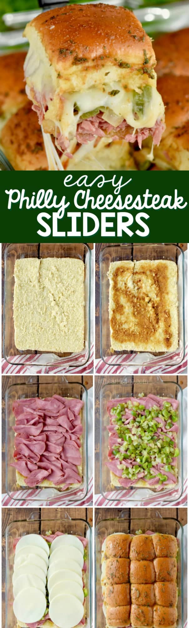 A collage on how to assemble the Easy Philly Cheesesteak Slider. 