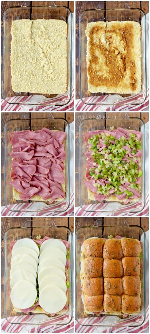 A collage on how to assemble the Philly Cheesesteak Sliders (bread -> sauce -> meat -> green peppers -> cheese -> buns)