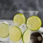small goblet with lime slices in it and a vodka gimlet recipe, garnished with a lime slice, another glass in the background and a lime wedge in the forefront