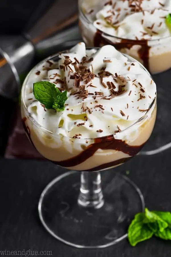 chocolate baileys martini in a small glass garnished with chocolate