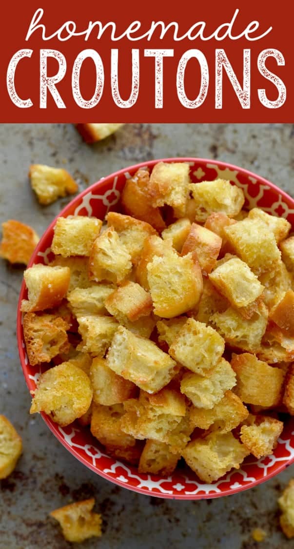 An overhead photo of the Homemade Croutons in a red bowl. 