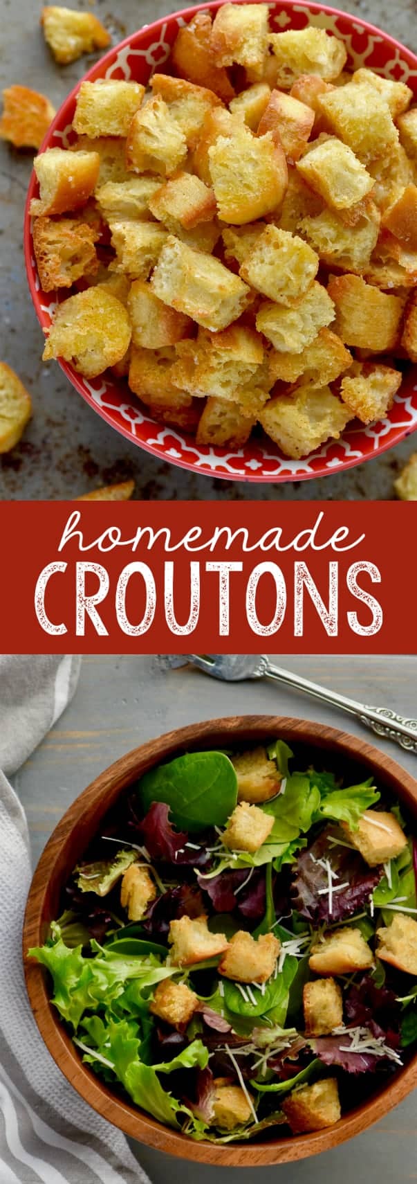 A collage of the Homemade Croutons: the top photo shows the Homemade Croutons in a red bowl, and the bottom photo shows the Homemade Croutons in a simple salad. 