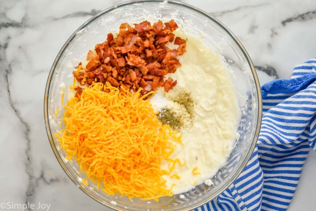 overhead view of a bowl of filling of twice baked potatoes