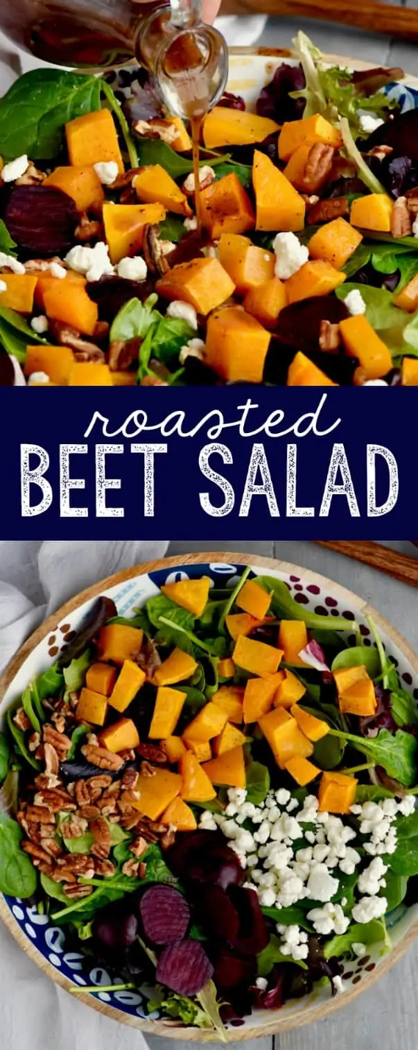 A close up photo of Roasted Beet Salad with cubbed butternut squash, pecans, goat cheese, mixed greens, roasted beats, and balsamic vinegar being poured.  