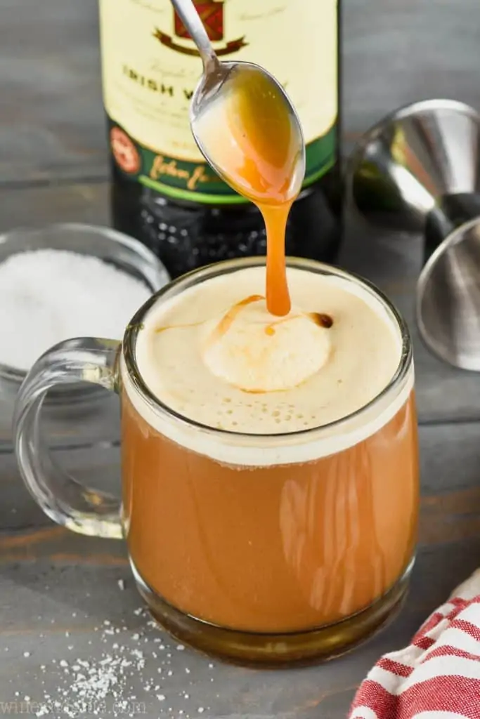 pouring caramel onto salted caramel Irish coffee recipe