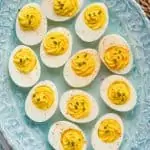 overhead view of a platter of deviled eggs