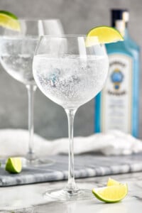 Two glasses of the perfect gin and tonic recipe, each garnished with a lime wedge. Bottle of gin sits in the background and lime wedges sit on the counter.