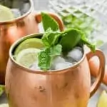 moscow mule with gin in copper mug garnished with mint and lime