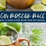 moscow mule with gin in copper mug garnished with mint and lime