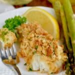 baked fish that is breaded with a fork bite missing - 10