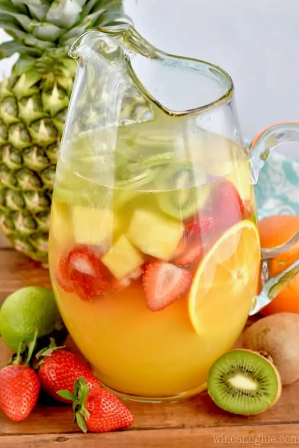 pitcher of tropical margarita sangria filled with fruit