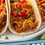pinterest graphic of up close of instant pot chicken taco, says: instant pot chicken tacos simplejoy.com