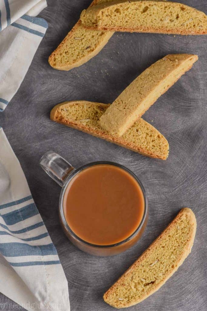 overhead shot of almond biscotti recipe with coffee