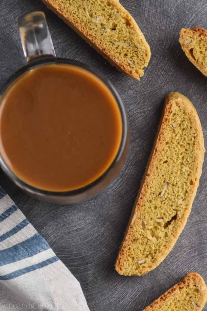 overhead shot of almond biscotti recipe with coffee
