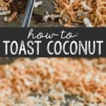 Spoonful of toasted coconut flakes on a baking sheet.