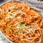 side view of a platter of instant pot spaghetti