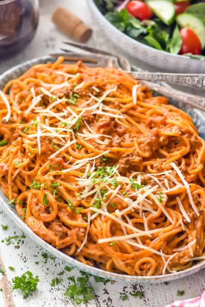 side view of a platter of instant pot spaghetti