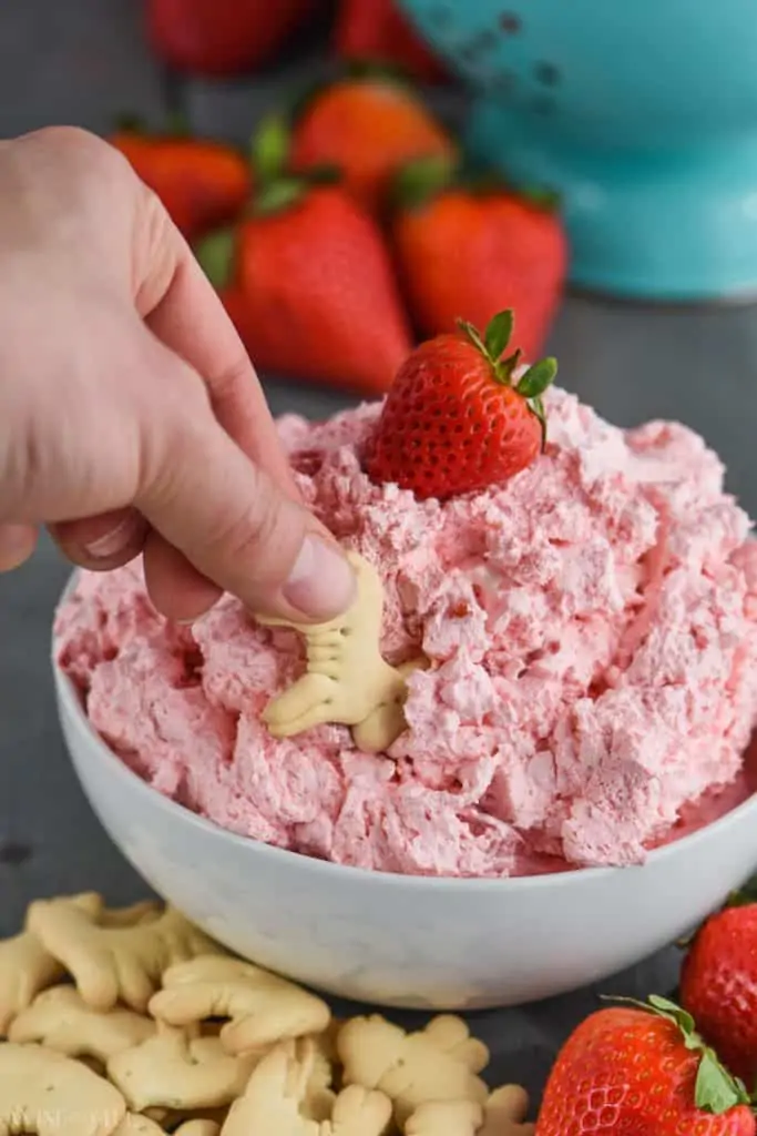 animal cracker being dipped into strawberry fluff dip