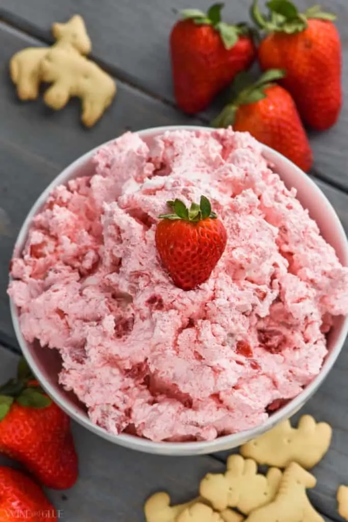 over head shot of strawberry fluff dip