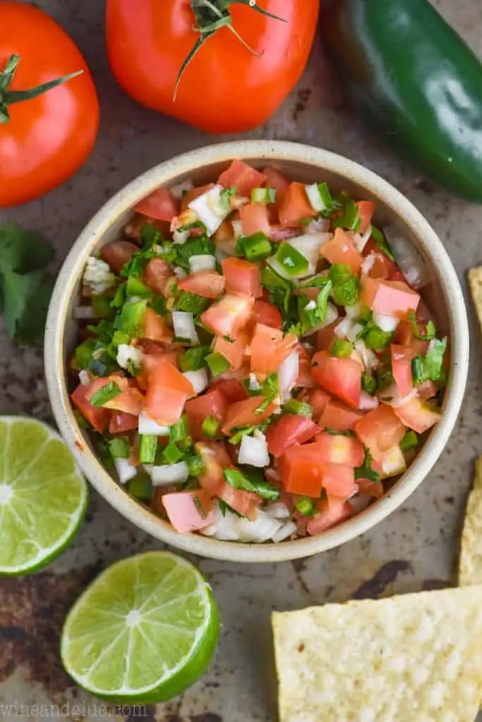 over head shot of bowl of pico de gallo recipe